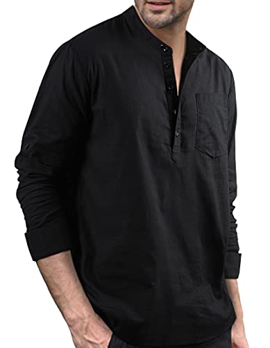 Enlision Camisa de Manga Larga para Hombre Camisa Suelta de Color Liso Camisa Ocio de Algodón y Lino con Cuello en V Blusa de Moda con Botone Top para Diario Viaje Negra L - imagen 2