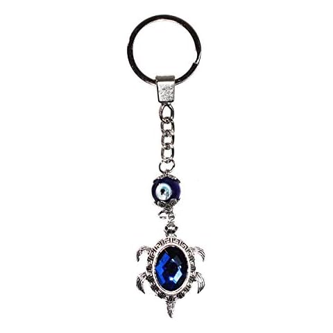 LUCKBOOSTIUM Designer Crystal Turtle Charm with Blue Lucky Eye Glass Bead Keychain - Sign of Good Health and Long Life - Home, Bags & Car Rear View Mirror Hanging Accessories (1.5” x 5”), Glass Cover