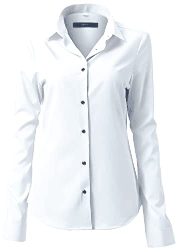 Bianco2 FLY HAWK Camicia Basic da Donna Manica Lunga - Camicetta Casual Blusa Chiusura Bottoni Slim Fit Formale Elegante in Fibra bambù - Camicia Shirt Ideale per Ufficio/Lavoro/Colloquio (Bianco2, EU48)