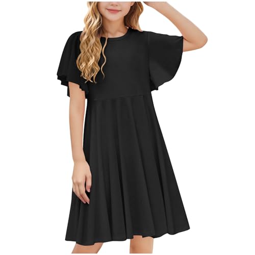 Flutter Sleeve Dress for Girls 2025 Summer Casual Crew Neck A-Line Swing Beach Midi Dresses for 4-13 Years
