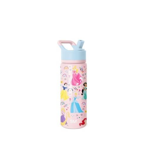 Image of Simple Modern Kids Summit Water Bottle with Straw Lid | Disney Princess 18oz Stainless Steel Cup Insulated Tumbler for Girls, School | Princess Rainbows