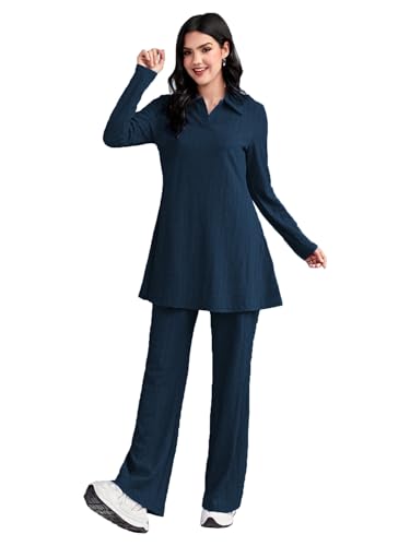 Image of TADKEE Women's Solid Color Two-Piece Set | Long Sleeve Top & Wide Leg Pants Co-ord Set | Casual Wear Co ord Set