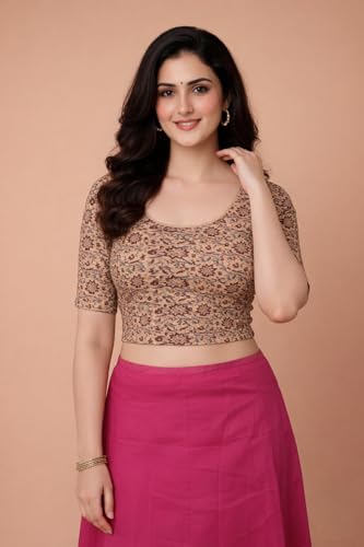 Image of Amazon Brand - Anarva Women's Kalamkari Print Cotton Stretchable Round Neck Readymade Saree Blouse