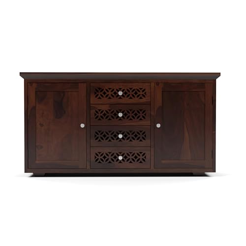 Image of Solid Sheesham Wood Wooden Sideboard Storage Cabinet : Ideal for Living Room and Bedroom with 4 Drawers and 2-Shelf Storage (Cambrey, Walnut Finish)