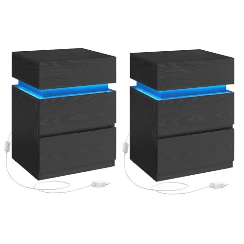 VASAGLE Kailyn Kollektion - Nachttisch 2er Set, LED-Beleuchtung, Beistelltisch, Sofatisch 3 Schubladen, Nachtschrank Schlafzimmer Wohnzimmer, modern, 35 x 40 x 55 cm, ebenholzschwarz LET0830B01
