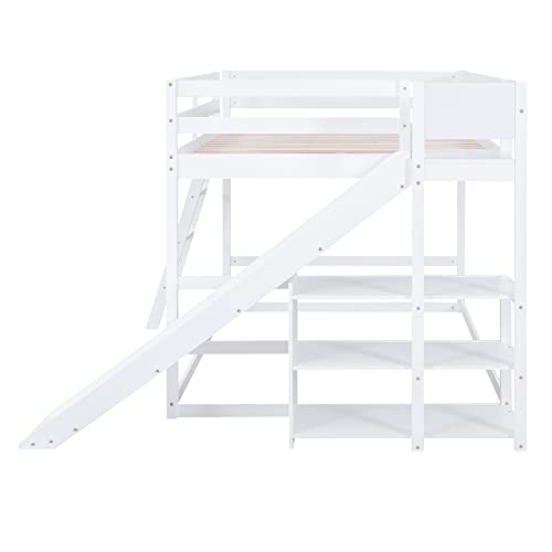 Full Over Full Low Bunk Bed With Slide And Storage Shelves, Wooden Floor Bunk Bed Frame With Ladder, Convertible Full Size Loft Bed With Bookcase For Kids Boys Girls Teens, White #TOP7