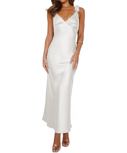 Image of Phicia Summer Satin Spaghetti Strap V Neck Midi Dresses for Women Wedding Guest Elegant Flower Backless Cocktail Formal Dress