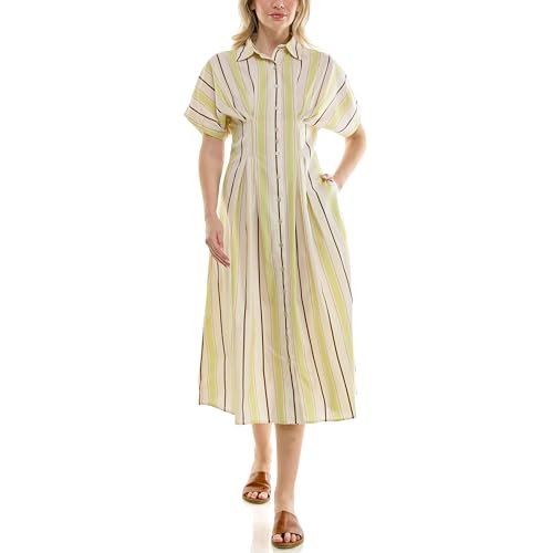 Nicole Miller New York Stripe Pintucked Waist Short Sleeved Cotton