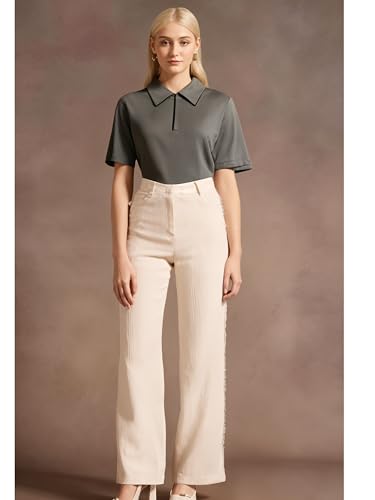 Image of Mack Jonney Ribbed |Regular Fit | Half Sleeves 100% Cotton Polo Neck Self Design with Zip T-Shirt for Women-M950