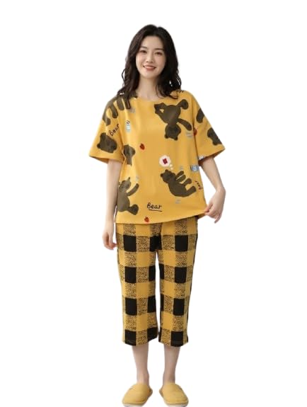 Image of Women Capri Pajama Set Korean Style Nightsuit Soft Breathable Top and Mid Length Pants Lightweight Loose Fit Nightwear Loungewear
