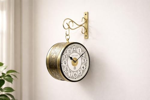 Image of Handcrafted Double Side Metal Analog Vintage Wall Clock | 1.5 Year Machine Warranty | 8 INCHES | 1 Side Number 1 Side Roman,Color L-Golden