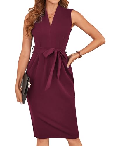 GRACE KARIN Damen Bodycon Kleid Plus Size Sommer Ärmelloses Arbeitsbüro Bleistiftkleid mit Gürtel Weinrot M