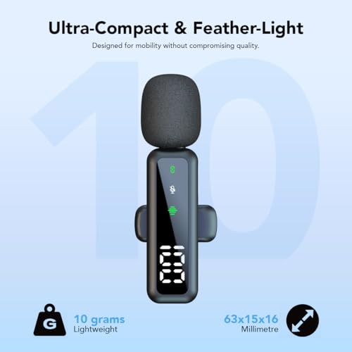 Image of VOOK Wireless Microphone with Noise Cancellation & Smart Display, Type-C Mic for Android, iPhone 15,16 | 6H Battery, Plug & Play for YouTube, Vlogging & Streaming (Single Channel Type-C, Black)