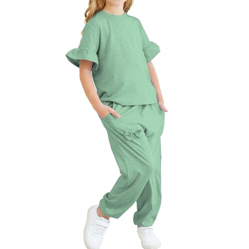 Image of Kids Girls Outfits Ruffle Sleeve T-Shirt Pants Set 2Piece 4-13 Years