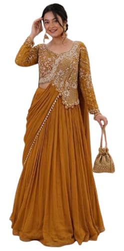 Image of indo Western Crep Silk Lehenga Set with Fully Stitched Blouse and Embroidered Koti Jacket for Women Lehenga Choli Musterd