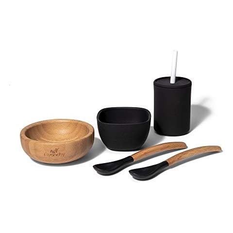 Avanchy Bamboo La Petite Family Collections Gift Set Green - Includes Mini Bamboo Bowl, Silicone Bowl, Silicone Cup, and Bamboo Baby and Infant Spoons - Baby Dishes Set - Baby Shower Gifts Cover