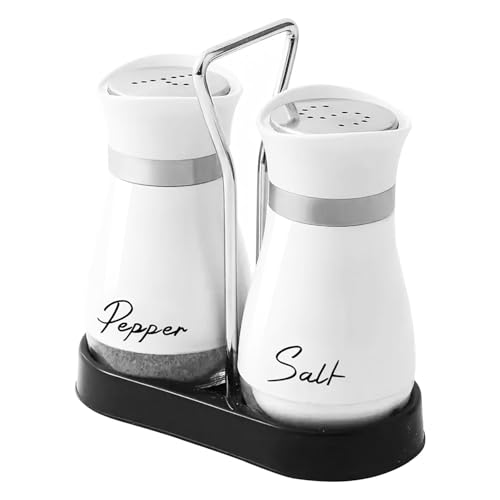 Salz und Pfefferstreuer Set, Salzstreuer Gewürzflaschen Klein aus Glas und Edelstahl, Gewürzstreuer Küchenzubehör, Gewürzflaschenbehälter Weiß für Küche, Unterwegs, Wohnmobil, BBQ Nachzufüllen