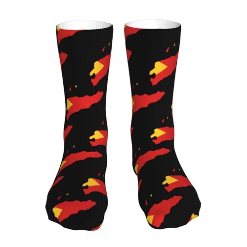 Carte du drapeau du Timor oriental 2 Drapeau du Timor oriental Chaussettes drôles pour hommes Chaussettes de sport unisexes à motifs imprimés en 3D Cool Funky 16 pouces