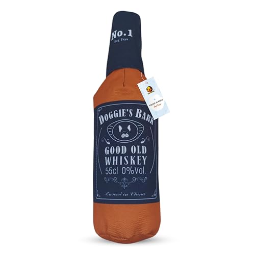 Squeaky Whiskey Bottle Plush Dog Toy for Dogs - (Doggie’s Bark) | Cotton Stuffed Chew Toy for Teething, Play & Training for Puppies & Small to Medium 