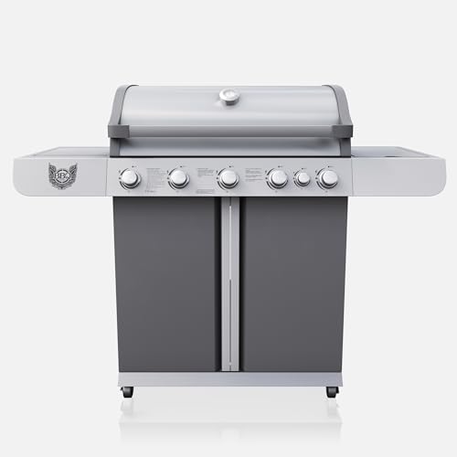 BBQ CHIEF Vision Gasgrill - 5 Brenner Edelstahl, 15 kW, Seitenbrenner, 2,5 kW, Gussrost, Warmhalterrost, Deckel, Thermometer, Rollen - Grill, Grillwagen, Grillstation, Camping,... – Bild 5