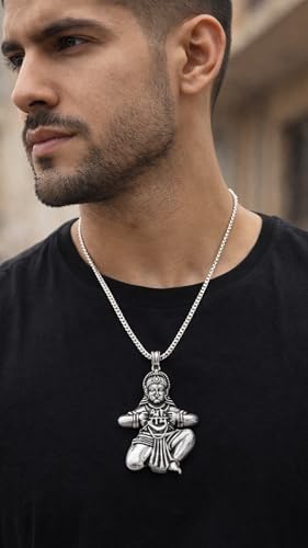 Image of Unisex Stainless Steel Silver Hanuman Ji Pendant Necklace - Lord Mahabali, Meditation Pose, Gada Design, Bajrang Bali, Veer Hanuman & Devotional Face Locket with 24 Inch Chain for Men & Women