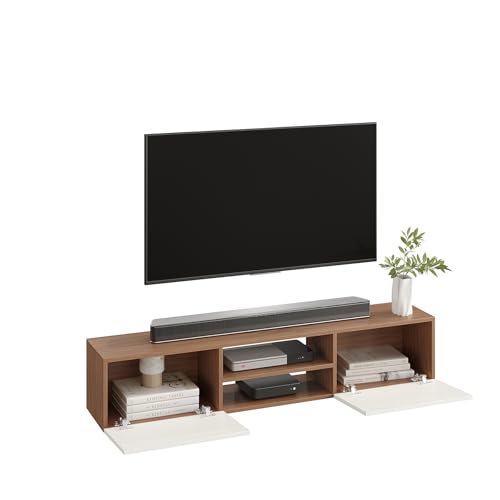 Image of FURNEASER Sasia Modern Wall Mounted TV Unit for 32 /42 /55 Inch TV | Floating Entertainment Unit with Storage | Engineered Wood TV Cabinet for Living Room | TV Stand with Doors (Exotic Teak & White)