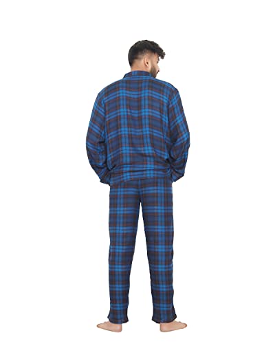 Image of Men's Rayon Twill Check | Long Sleeve Shirt with Elastic Pyjama Set | Comfortable Fit Night Suit | Lounge Wear Sleepwear Blue