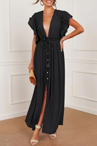 Image of R.Vivimos Maxi Dresses for Women 2026 Summer Short Sleeve V Neck Drawstring Tie Boho Loose Flowy Long Dresses with Pockets