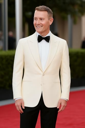 Mens 2 Piece Suit - Peak Lapel Collar Blazer Jacket Black and White Wedding Dinner Suit Ivory Tuxedo for Men4