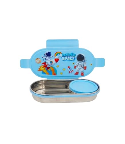 Image of BLALOval Stainless Steel Lunch Box with 1 Small Box Compact Design Airtight Leak Proof Lunch Box for Office, School, Picnic-600Ml+100Ml (Blue)