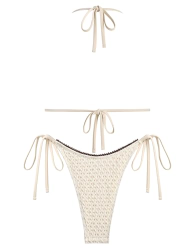 ZAFUL Bikini Sets for Women Halter Two Piece Swimsuit Eyelet Triangle Tie Side Thong Bathing Suit Bowknot Lace Trim Swimwear2