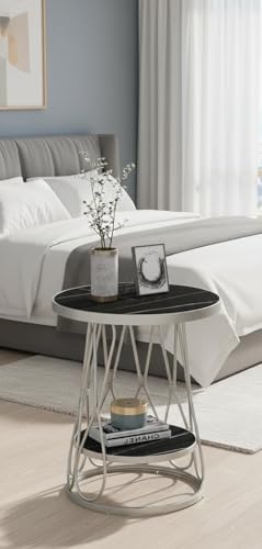 Image of Modern Side Table Corners Living Room Square Table Double Tier Sofa Side Table,Round Base Coffee Table,Portable Bedroom Nightstands Small Space (Black Grey)