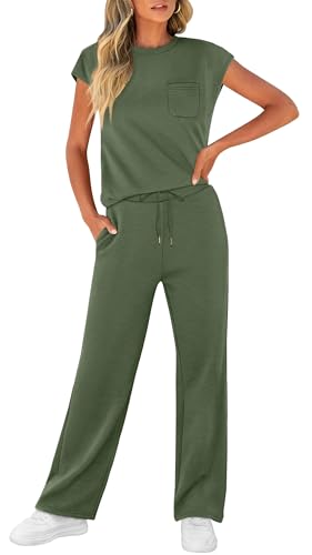 Image of WIHOLL 2 Piece Sets for Women Casual Summer Travel Vacation Outfits Cap Sleeve Lounge Set