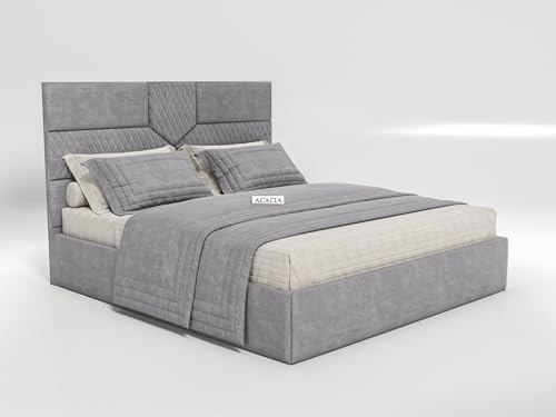 Image of Acacia Modern Upholstered King Size Bed with Box Storage for Bedroom | Wooden Double Bed with Storage | Platform Cot Bed with Upholstery Premium Fabric | 6.5 x 6 Ft | Sheesham Wood ()
