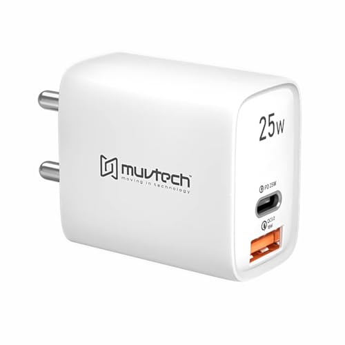 Muvtech 25W Fast Charger Adapter with GaN Technology, Dual Port, Type A and Type C, Compatible with iPhone 17/16/15/14/13/12 Series, Samsung & Other Devices (White)