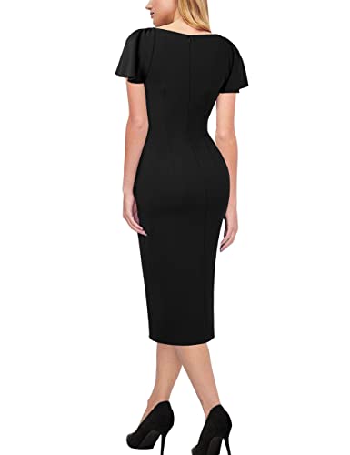 VFSHOW Womens V Neck Cocktail Ruffle Sleeve Wrap Slit Ruched Party Midi Dress Bodycon Work Business Sheath Pencil Dress3