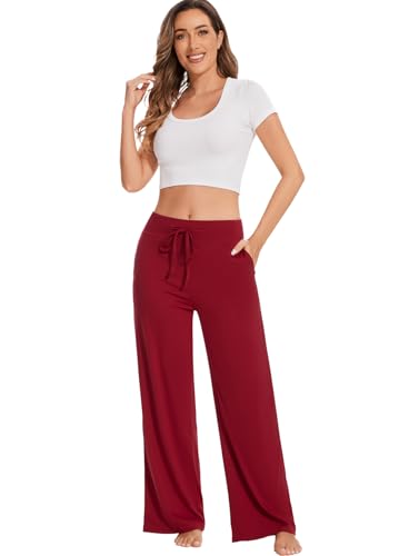 Image of LOCUBE Women's Pajama Pants, Soft Comfy High-Waist Wide-Leg Lounge Pants with Drawstring and Pockets