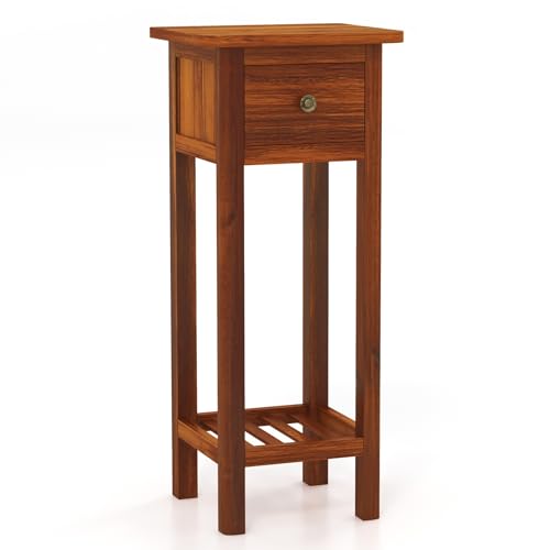 Tangkula Narrow Side Table, Small End Table for Small Spaces, Farmhouse Acacia Wood Slim Bedside Table w/Drawer & Open Shelf, 2-Tier Tall Nightstand for Living Room, Dorm, No Assembly Required