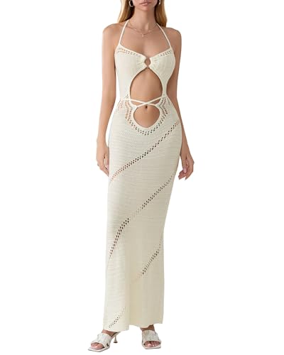 Felcia Damen Neckholder Bodycon Langes Kleid Cross Cut Outs Strickkleid Sommer Rückenfrei Slim Strandkleid, B-weiß, L