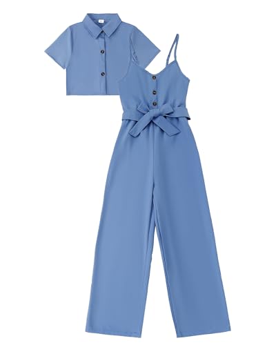 YOURUIKEY Girls Jumpsuit Cute Summer Outfits Kids Crop Top Button Short Sleeve Halter Belted Romper Tween Girls Trendy Clothes Size 8