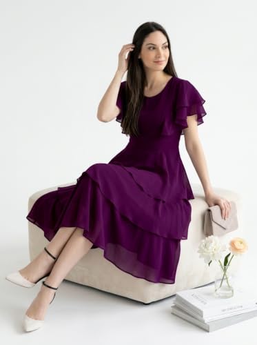 Image of Women Layered Georgette Fit & Flare Midi Dress | Round Neck Flutter Sleeve Knee Length Dress | Tiered Party Dress for Women Evening and Casual Styling