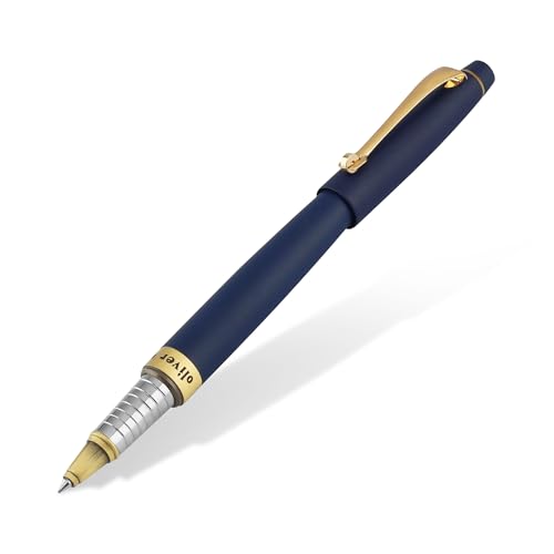 Image of Oliver Maybach Matte Navy Blue & Brush Gold Rollerball Pen - Premium Brass Body, Schmidt 0.6mm Refill, Gold Clip | NLB Gift Box