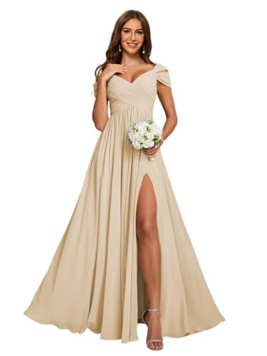 Women's Off Shoulder Ruched Bridesmaid Dresses Long with Pockets Slit Chiffon Formal Evening Dress VS1804