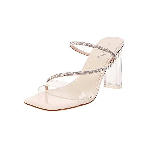 vivianly Womens Square Toe Clear Rhinestone Strappy Heeled Sandals Transparent Block High Heels Slides Slipper Wedding Dress size 8