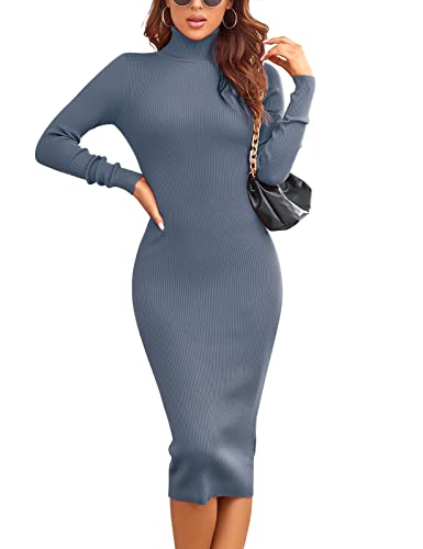 Image of Rocorose Women's Turtleneck Ribbed Elbow Long Sleeve Knit Sweater Dress