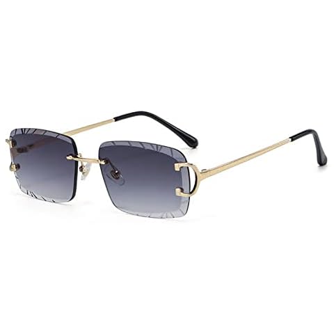 Luxury Unisex Square Rimless Gem Cut Retro 90's Hip Hop Diamond Cut Lens Purple Gradient Tint Lens Gold Wire Frame Gray Sun Glasses Frameless Rectangle Summer Shades Sunglasses For Men And Women Cover