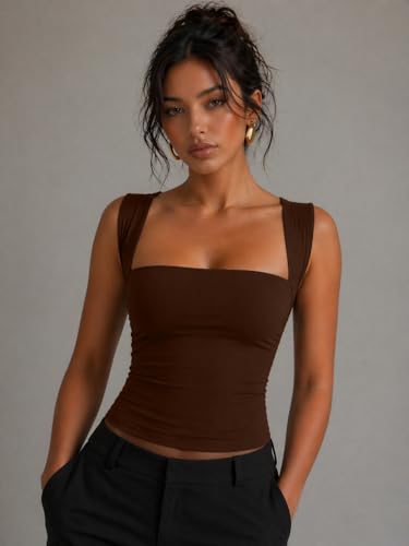 Image of TIVANTE Women's Square Neck Top for Woman || Fitted Tops for Woman || Sleeveless Tops for Women Stylish || Crop top for Women Stylish Western