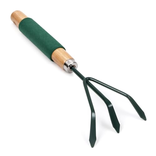 Hand Rake with Cushion Grip Handle Carbon Steel Head Wooden Handle Comfortable Soft Grip 29cm Garden Hand Tool