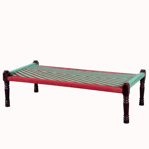 Image of Solid Sheesham Wood Charpai Khat | Handcrafted Daybed Khatiya Charpai with Cotton Rope | Traditional Khat Bed Wooden Diwan Cot for Living Room | 6X3 Feet | Green and Red