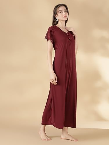 Image of 9shines Label Stylish Soft Modal Maxi Nighty | Honeymoon Nighty | Full Length Trendy Nightgown | V-Neck Lace | Premium Nightdress | Soft Long Nightdress | Maxi Gown Nightwear for Women (Malai Satin)